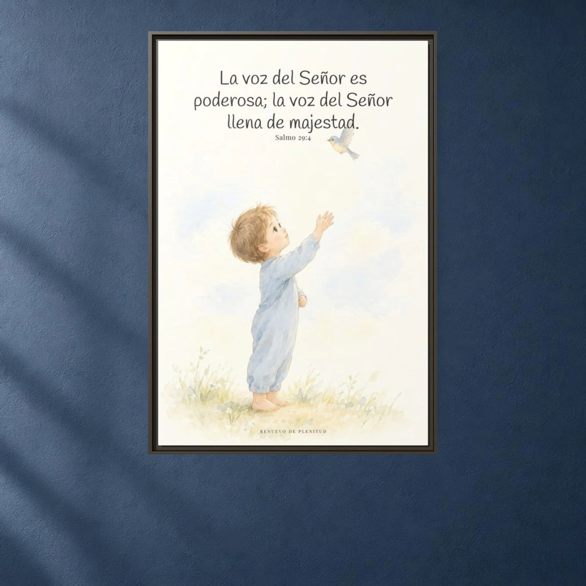 La voz de Jehová es poderosa y llena de majestad — Lienzo Cristiano Enmarcado | Salmo 29:4 — 24×36 pulgadas, marco espresso, vista frontal ambiental, escala física calibrada