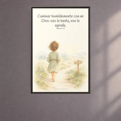 Caminar con Dios es suficiente — Lienzo Cristiano Enmarcado | Miqueas 6:8 — 24×36 pulgadas, marco espresso, vista frontal ambiental, escala física calibrada