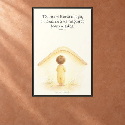 Tú eres mi fuerte refugio, oh Dios — Lienzo Cristiano Enmarcado | Salmo 71:5 — 24×36 pulgadas, marco espresso, vista frontal ambiental, escala física calibrada