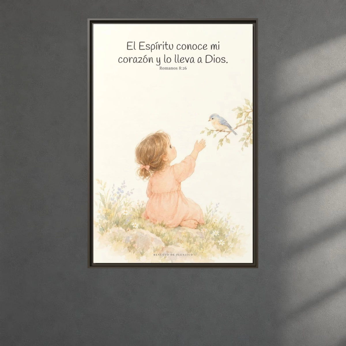 El Espíritu conoce lo que hay en mi corazón — Lienzo Cristiano Enmarcado | Romanos 8:26 — 24×36 pulgadas, marco espresso, vista frontal ambiental, escala física calibrada