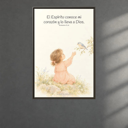 El Espíritu conoce lo que hay en mi corazón — Lienzo Cristiano Enmarcado | Romanos 8:26 — 24×36 pulgadas, marco espresso, vista frontal ambiental, escala física calibrada