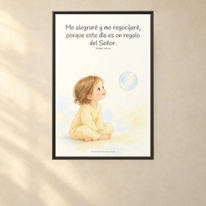 En este día me regocijaré en el Señor — Lienzo Cristiano Enmarcado | Salmo 118:24 — 24×36 pulgadas, marco espresso, vista frontal ambiental, escala física calibrada