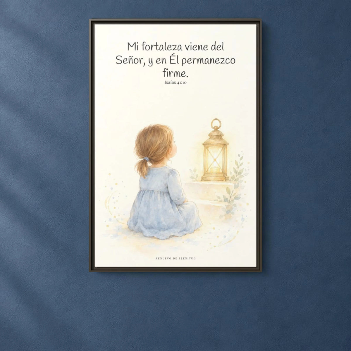 Mi fortaleza viene del Señor — Lienzo Cristiano Enmarcado | Isaías 41:10 — 24×36 pulgadas, marco espresso, vista frontal ambiental, escala física calibrada