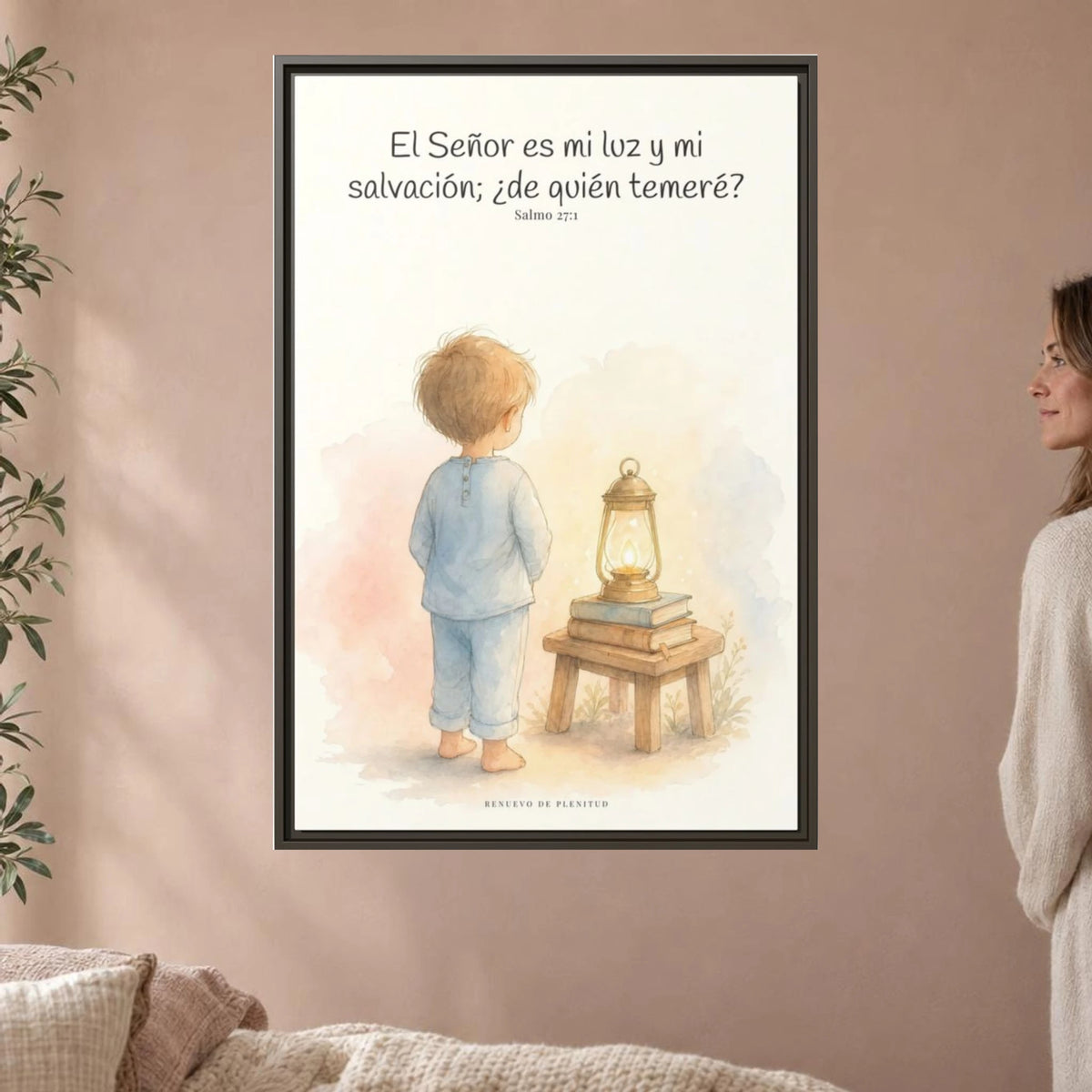 Jehová es mi luz y mi salvación — Lienzo Cristiano Enmarcado | Salmo 27:1 — 24×36 pulgadas, marco espresso, vista frontal ambiental, escala física calibrada