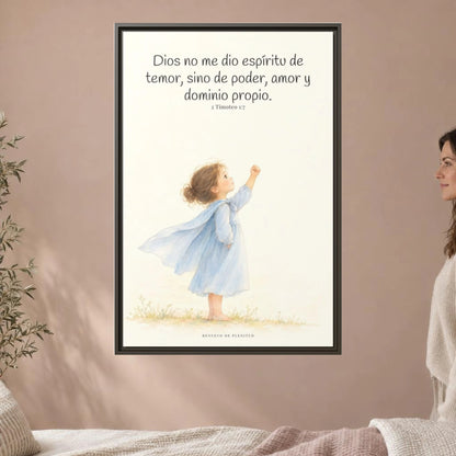 Dios me da un espíritu de poder y de amor — Lienzo Cristiano Enmarcado | 2 Timoteo 1:7 — 24×36 pulgadas, marco espresso, vista frontal ambiental, escala física calibrada