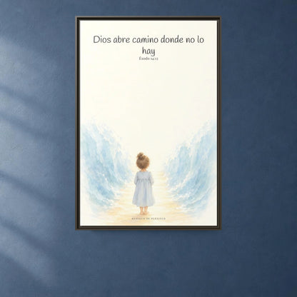 Dios abre camino donde no lo hay — Lienzo Cristiano Enmarcado | Éxodo 14:13 — 24×36 pulgadas, marco espresso, vista frontal ambiental, escala física calibrada