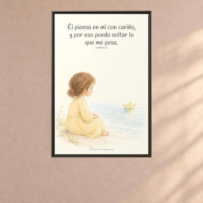 Echa Toda Tu Ansiedad Sobre Dios — Lienzo Cristiano Enmarcado | 1 Pedro 5:7 — 24×36 pulgadas, marco espresso, vista frontal ambiental, escala física calibrada