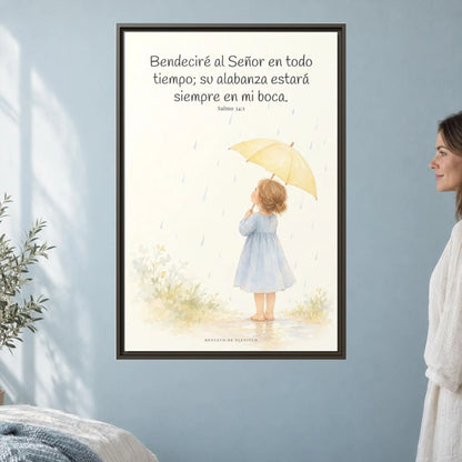 Bendeciré a Jehová en todo tiempo — Lienzo Cristiano Enmarcado | Salmo 34:1 — 24×36 pulgadas, marco espresso, vista frontal ambiental, escala física calibrada