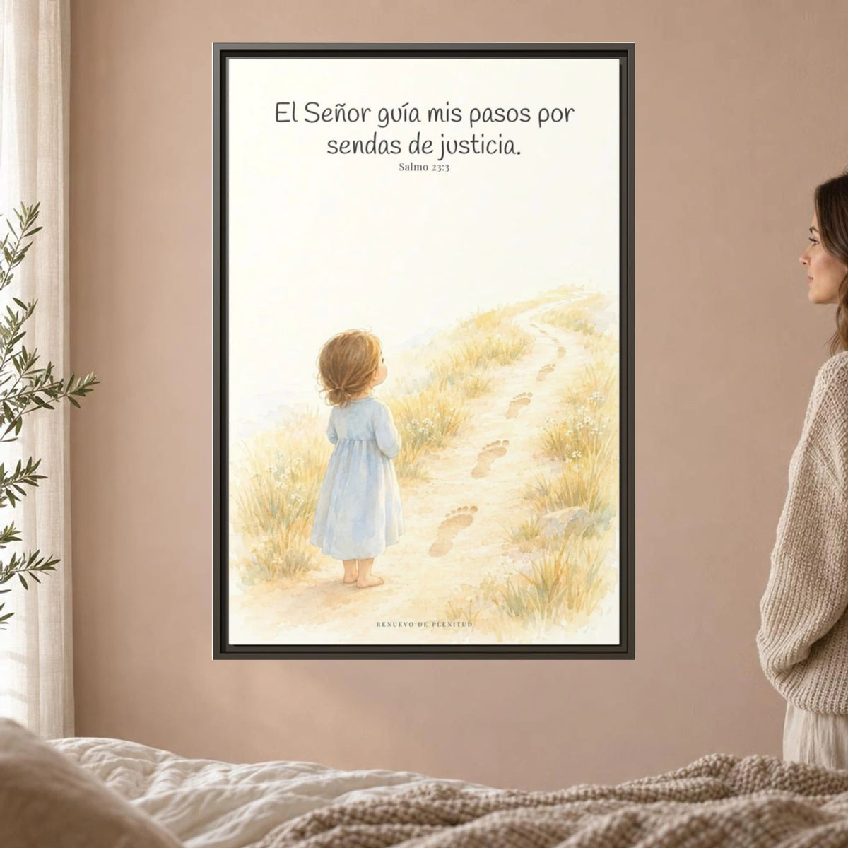 El Señor guía mis pasos — Lienzo Cristiano Enmarcado | Salmo 23:3 — 24×36 pulgadas, marco espresso, vista frontal ambiental, escala física calibrada