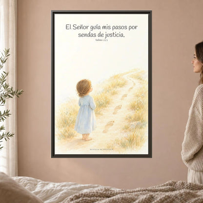 El Señor guía mis pasos — Lienzo Cristiano Enmarcado | Salmo 23:3 — 24×36 pulgadas, marco espresso, vista frontal ambiental, escala física calibrada