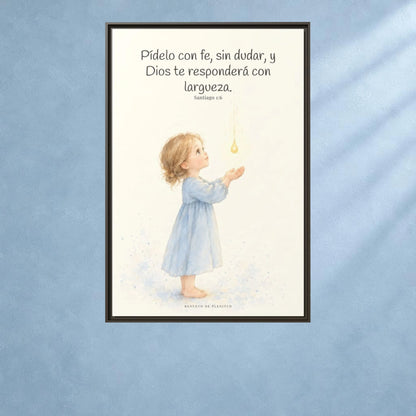 Dios dará sin dudar al que pide con fe — Lienzo Cristiano Enmarcado | Santiago 1:6 — 24×36 pulgadas, marco espresso, vista frontal ambiental, escala física calibrada