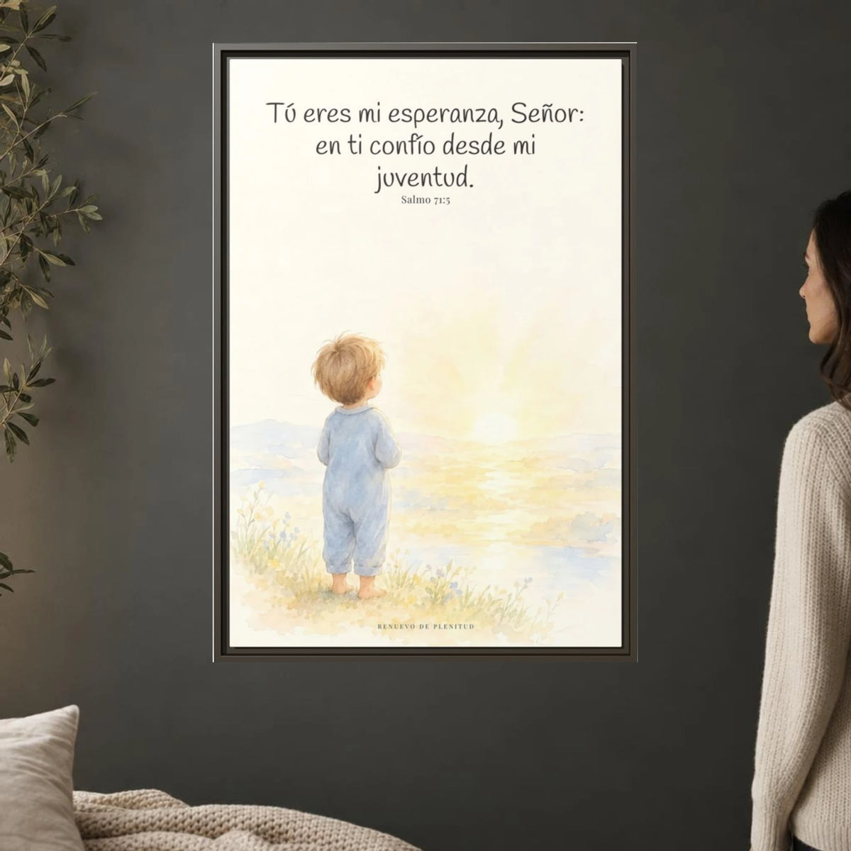 Tú eres mi esperanza, Señor — Lienzo Cristiano Enmarcado | Salmo 71:5 — 24×36 pulgadas, marco espresso, vista frontal ambiental, escala física calibrada