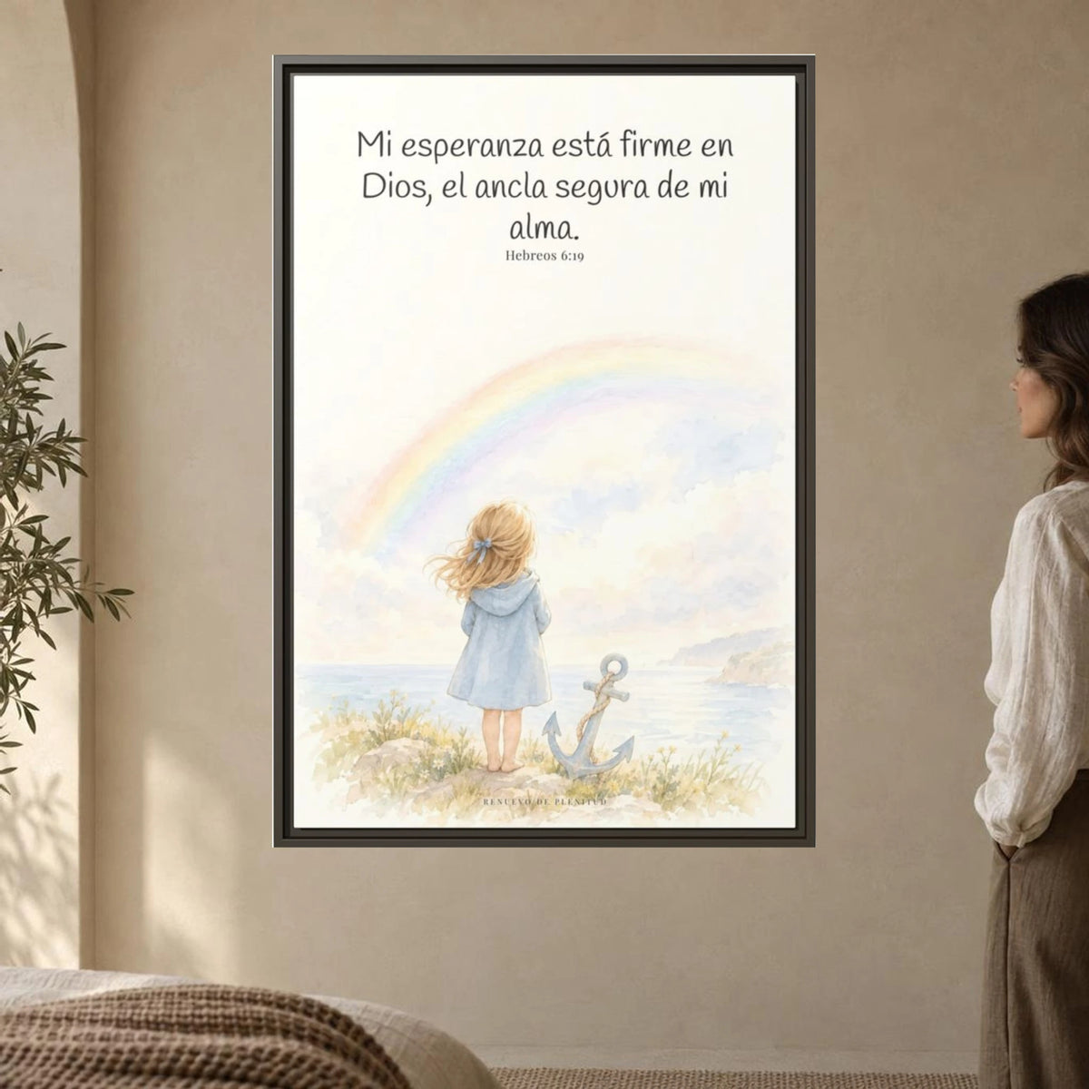Mi esperanza está firme en Dios — Lienzo Cristiano Enmarcado | Hebreos 6:19 — 24×36 pulgadas, marco espresso, vista frontal ambiental, escala física calibrada