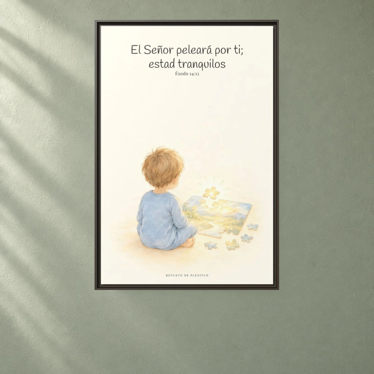 Jehová peleará por ti — Lienzo Cristiano Enmarcado | Éxodo 14:13 — 24×36 pulgadas, marco espresso, vista frontal ambiental, escala física calibrada