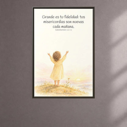 Grande es tu fidelidad, oh Dios — Lienzo Cristiano Enmarcado | Lamentaciones 3:22-23 — 24×36 pulgadas, marco espresso, vista frontal ambiental, escala física calibrada