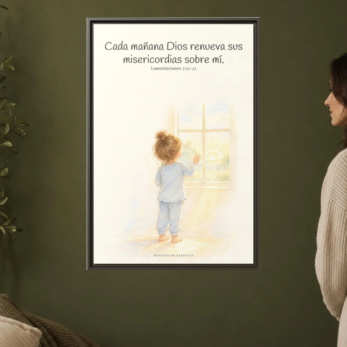 Grandes son sus misericordias cada mañana — Lienzo Cristiano Enmarcado | Lamentaciones 3:22-23 — 24×36 pulgadas, marco espresso, vista frontal ambiental, escala física calibrada