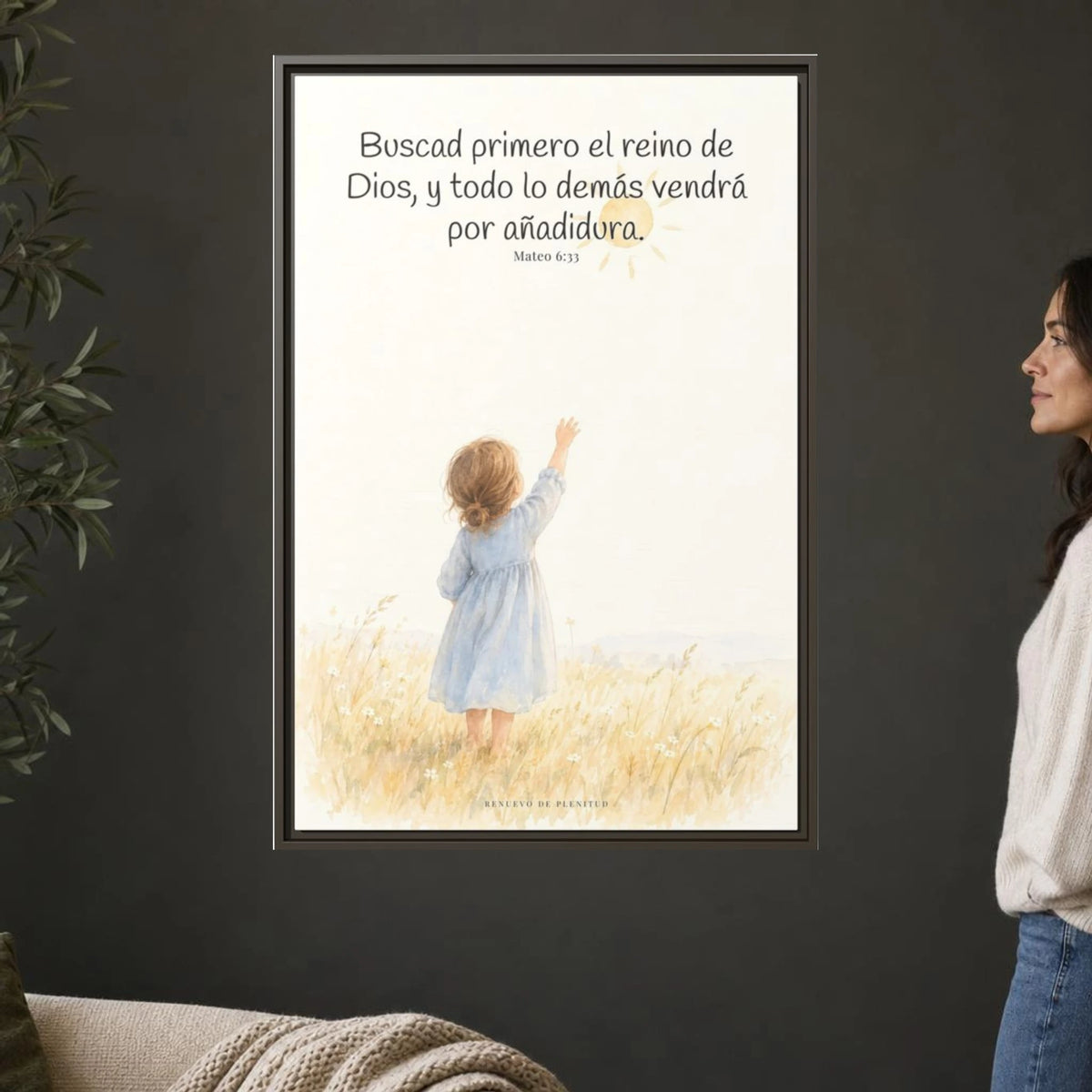 Buscad primero el reino de Dios — Lienzo Cristiano Enmarcado | Mateo 6:33 — 24×36 pulgadas, marco espresso, vista frontal ambiental, escala física calibrada