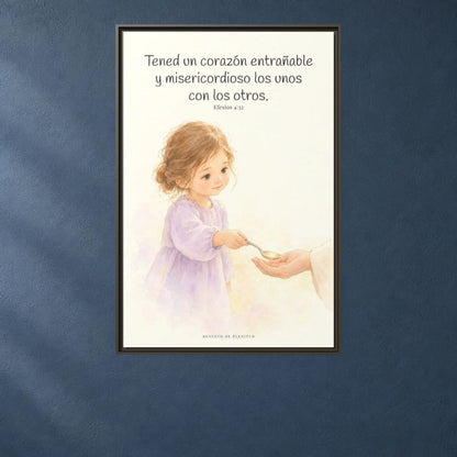 Tened un corazón entrañable — Lienzo Cristiano Enmarcado | Efesios 4:32 — 24×36 pulgadas, marco espresso, vista frontal ambiental, escala física calibrada