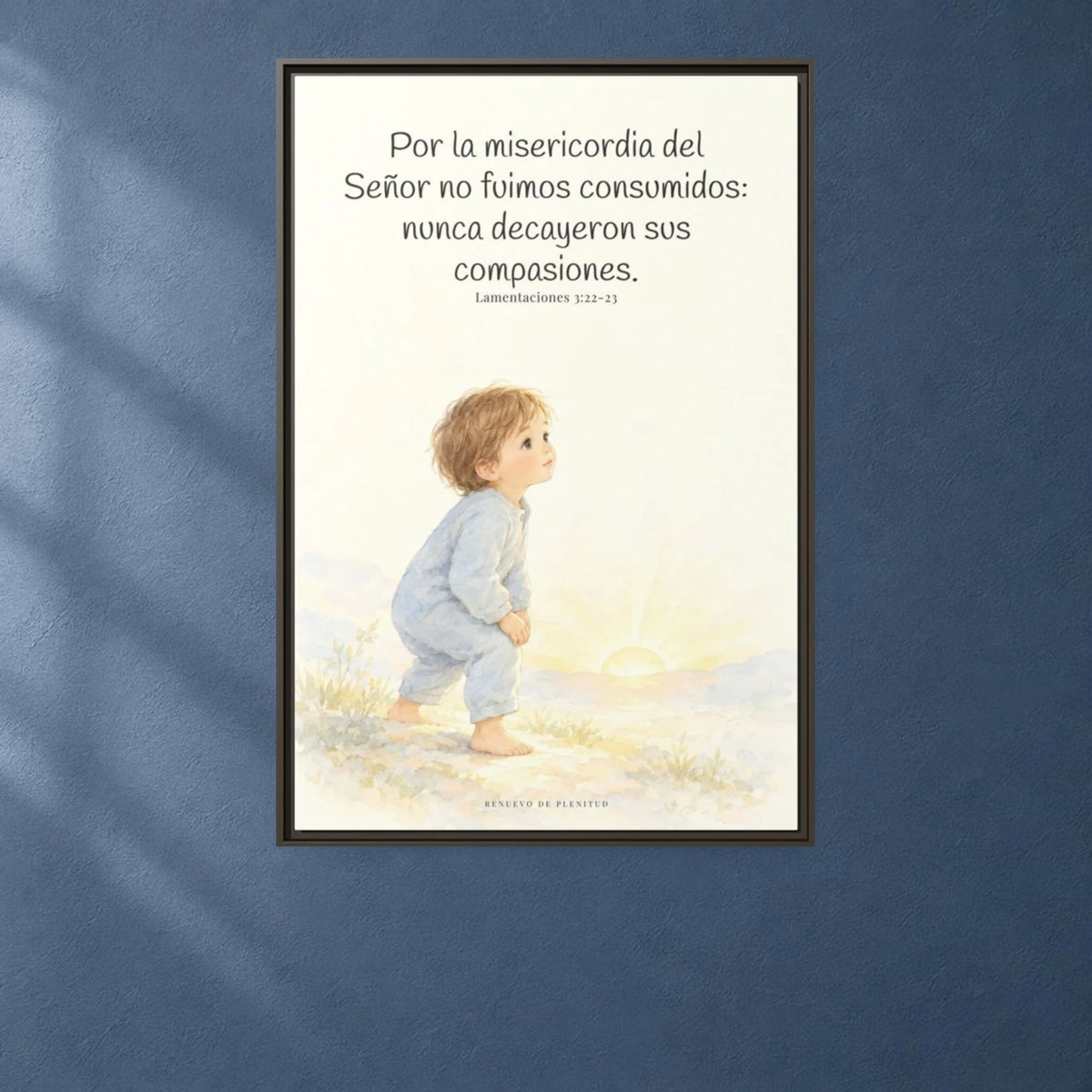 Por la misericordia de Jehová no fuimos consumidos — Lienzo Cristiano Enmarcado | Lamentaciones 3:22-23 — 24×36 pulgadas, marco espresso, vista frontal ambiental, escala física calibrada