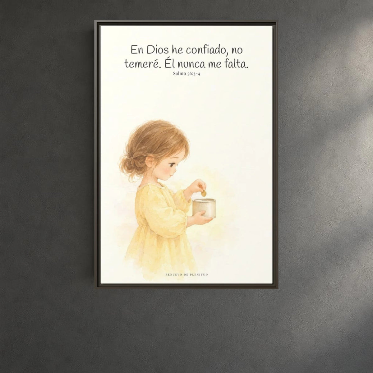 En Dios he confiado, no temeré — Lienzo Cristiano Enmarcado | Salmo 56:3-4 — 24×36 pulgadas, marco espresso, vista frontal ambiental, escala física calibrada