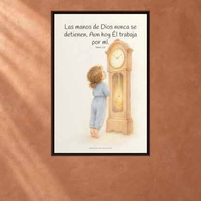 Las manos de Dios no se detienen por mí | Arte bíblico para pared | Juan 5:17 — 24×36 pulgadas, marco espresso, vista frontal ambiental, escala física calibrada