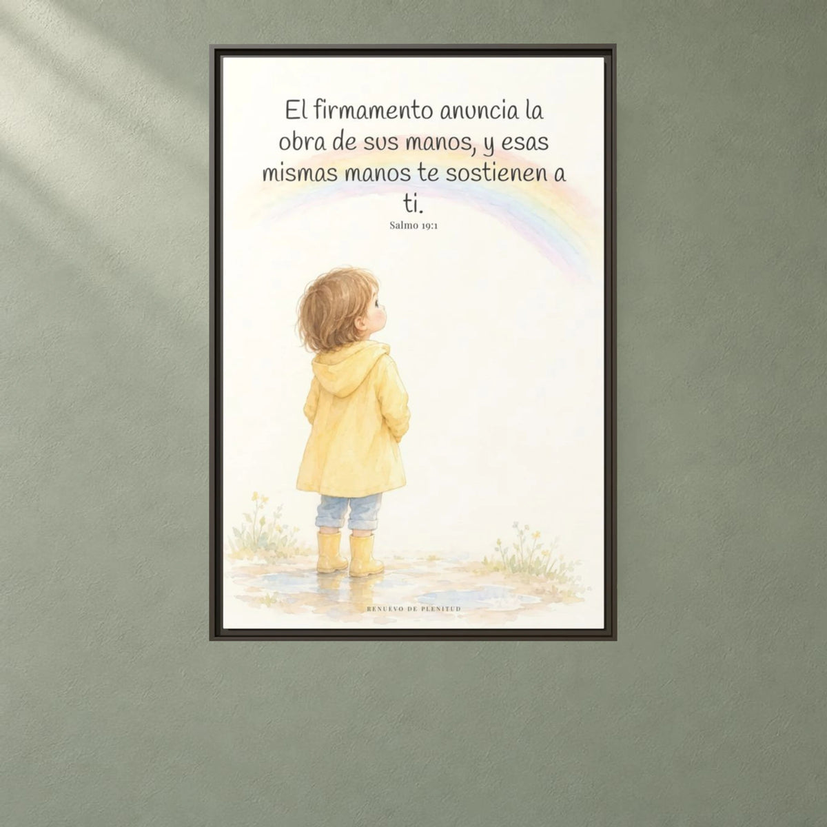 El firmamento anuncia la obra de sus manos — Lienzo Cristiano Enmarcado | Salmo 19:1 — 24×36 pulgadas, marco espresso, vista frontal ambiental, escala física calibrada