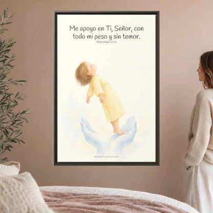 En Jehová confío de todo corazón — Lienzo Cristiano Enmarcado | Proverbios 3:5-6 — 24×36 pulgadas, marco espresso, vista frontal ambiental, escala física calibrada