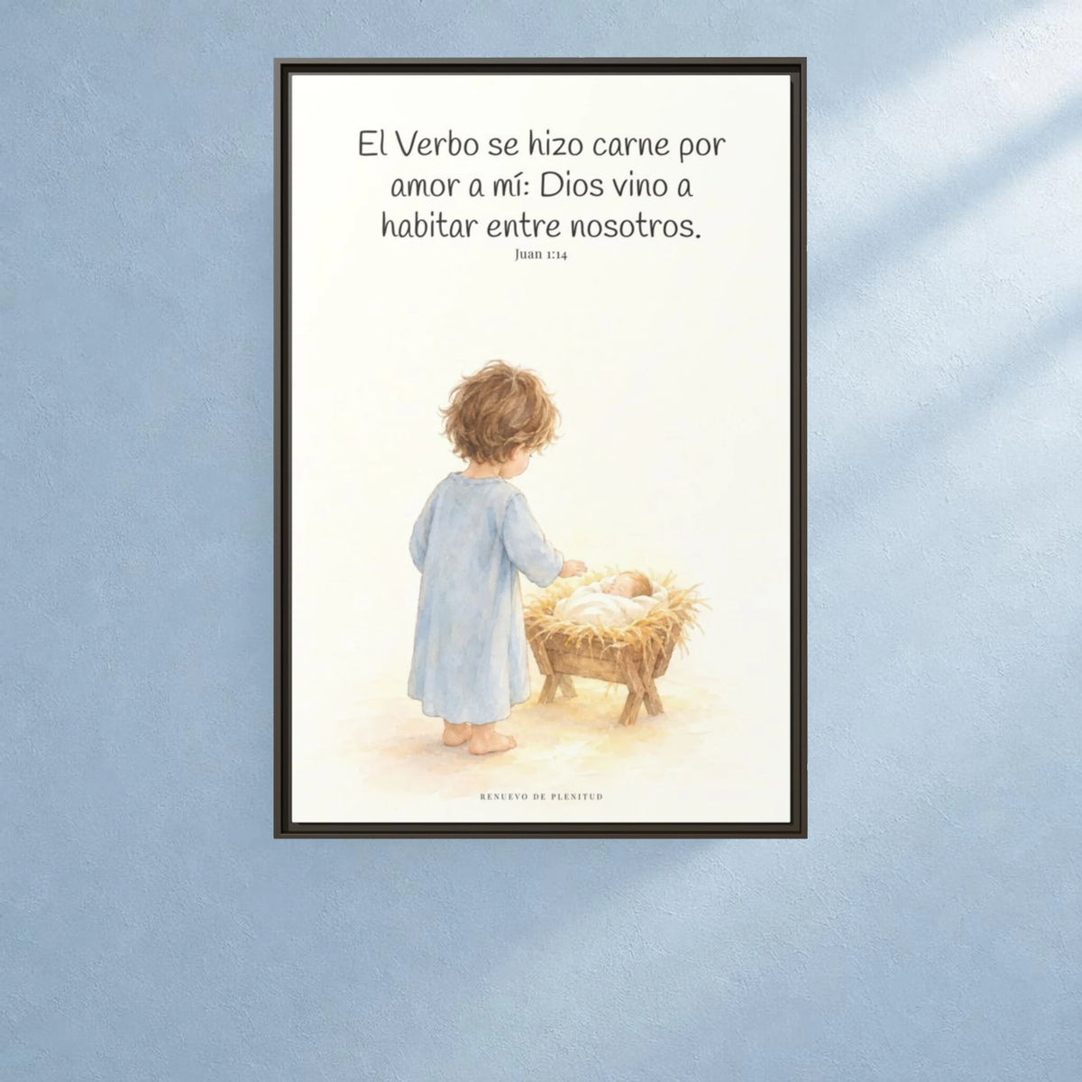 El Verbo se hizo carne por amor a mí — Lienzo Cristiano Enmarcado | Juan 1:14 — 24×36 pulgadas, marco espresso, vista frontal ambiental, escala física calibrada
