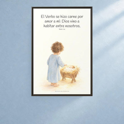 El Verbo se hizo carne por amor a mí — Lienzo Cristiano Enmarcado | Juan 1:14 — 24×36 pulgadas, marco espresso, vista frontal ambiental, escala física calibrada