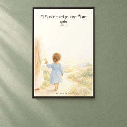 El Señor es mi pastor; Él me guía — Lienzo Cristiano Enmarcado | Salmo 23:1 — 24×36 pulgadas, marco espresso, vista frontal ambiental, escala física calibrada