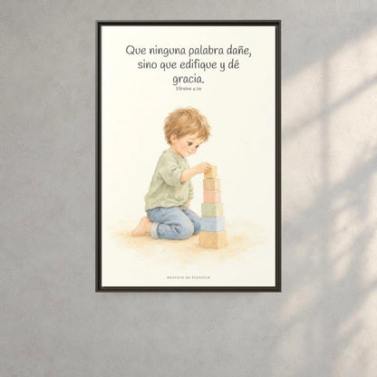Que mis labios edifiquen — Lienzo Cristiano Enmarcado | Efesios 4:29 — 24×36 pulgadas, marco espresso, vista frontal ambiental, escala física calibrada