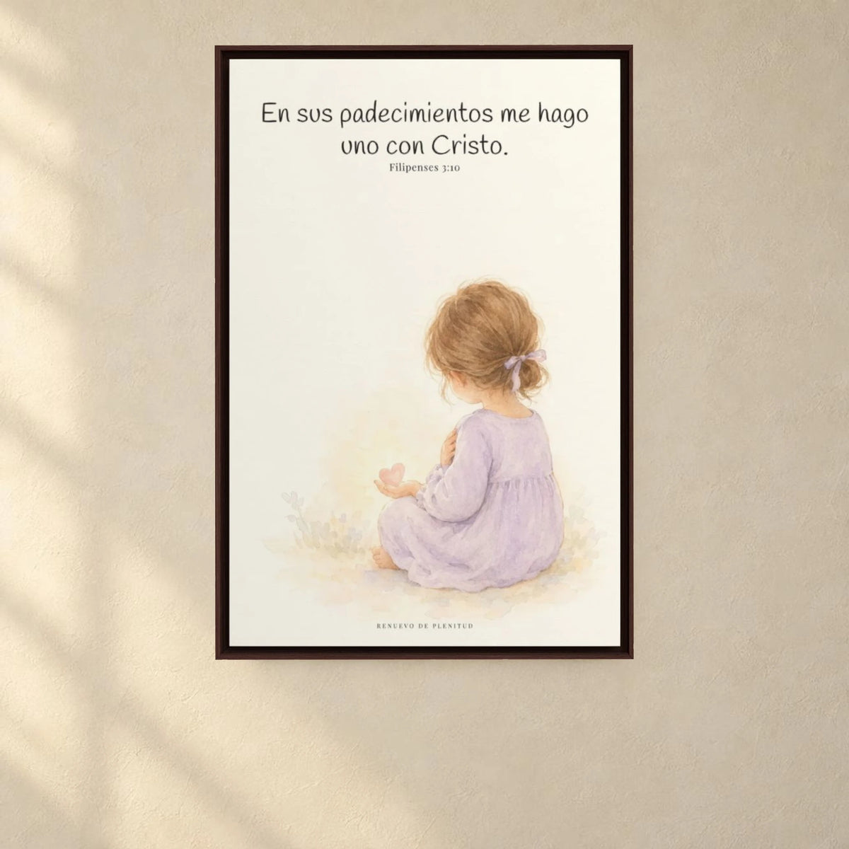 Participar de sus padecimientos me acerca a Él | Arte bíblico para pared | Filipenses 3:10 — 24×36 pulgadas, marco espresso, vista frontal ambiental, escala física calibrada