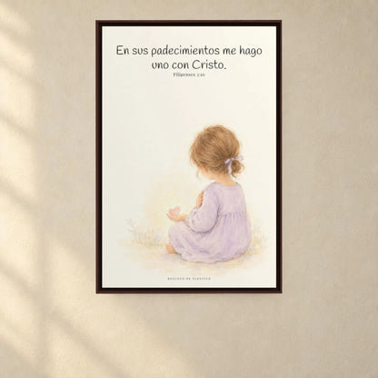 Participar de sus padecimientos me acerca a Él | Arte bíblico para pared | Filipenses 3:10 — 24×36 pulgadas, marco espresso, vista frontal ambiental, escala física calibrada