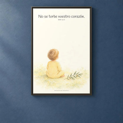 No se turbe vuestro corazón — Lienzo Cristiano Enmarcado | Juan 14:27 — 24×36 pulgadas, marco espresso, vista frontal ambiental, escala física calibrada