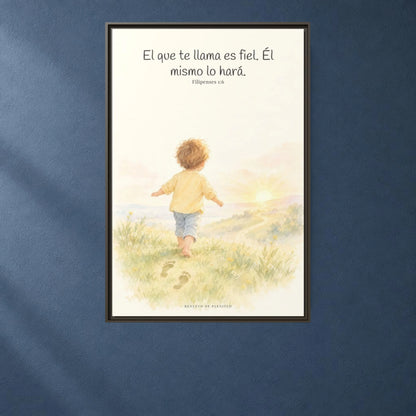 Fiel es el que os llama, el cual también lo hará — Lienzo Cristiano Enmarcado | Filipenses 1:6 — 24×36 pulgadas, marco espresso, vista frontal ambiental, escala física calibrada