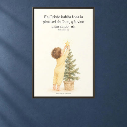 En Cristo habita la plenitud de Dios — Lienzo Cristiano Enmarcado | Colosenses 2:9 — 24×36 pulgadas, marco espresso, vista frontal ambiental, escala física calibrada