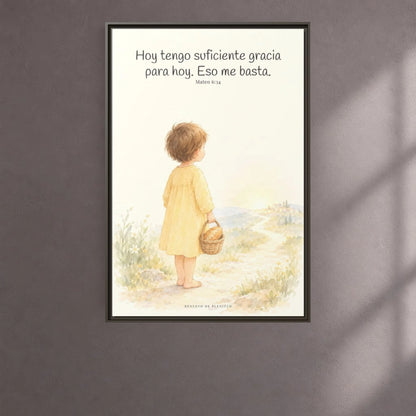 Basta a cada día su propio afán — Lienzo Cristiano Enmarcado | Mateo 6:34 — 24×36 pulgadas, marco espresso, vista frontal ambiental, escala física calibrada