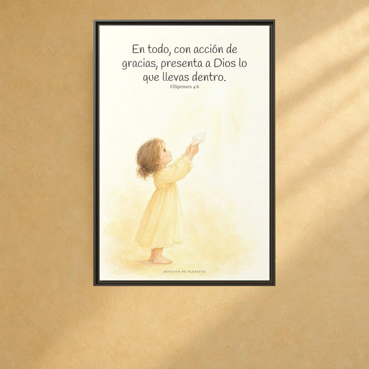 Con acción de gracias, presenta todo a Dios — Lienzo Cristiano Enmarcado | Filipenses 4:6 — 24×36 pulgadas, marco espresso, vista frontal ambiental, escala física calibrada