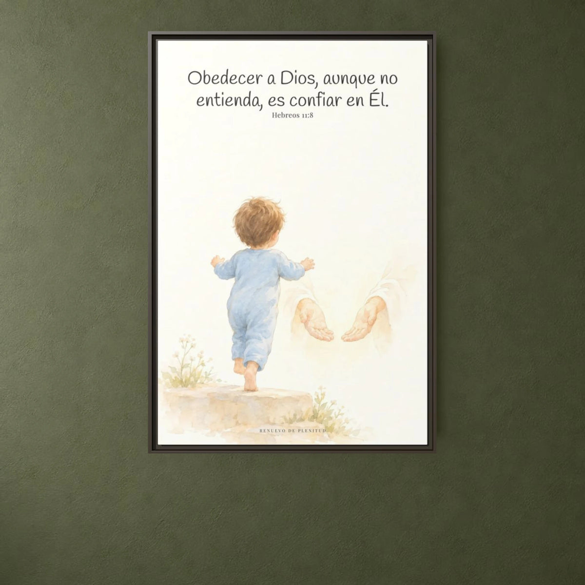 Obedecer a Dios es mi mayor valentía — Lienzo Cristiano Enmarcado | Hebreos 11:8 — 24×36 pulgadas, marco espresso, vista frontal ambiental, escala física calibrada