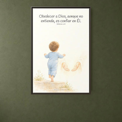 Obedecer a Dios es mi mayor valentía — Lienzo Cristiano Enmarcado | Hebreos 11:8 — 24×36 pulgadas, marco espresso, vista frontal ambiental, escala física calibrada