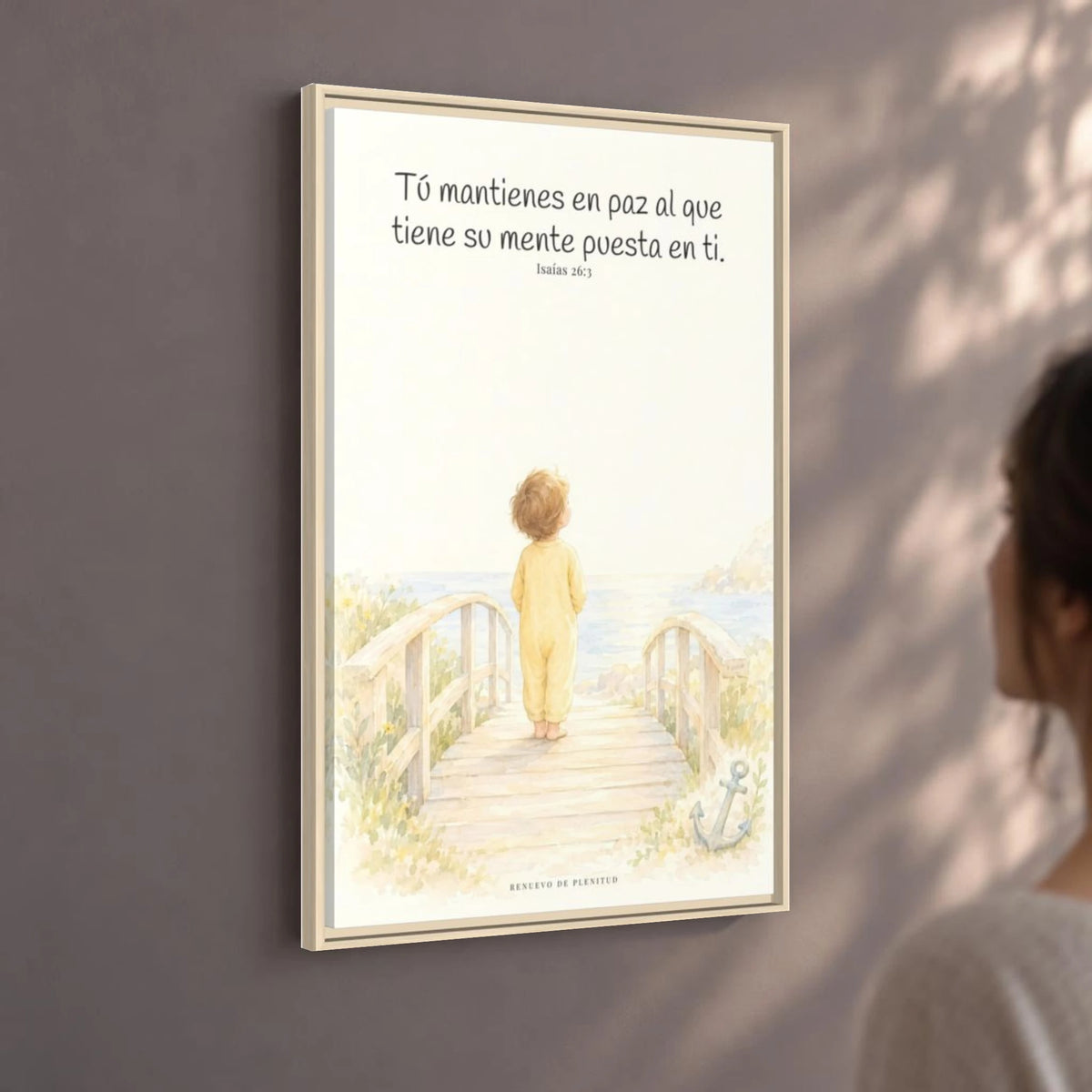 El Señor me sostiene en pensamiento firme — Lienzo Cristiano Enmarcado | Isaías 26:3 — 24×36 pulgadas, marco natural, vista angular ambiental del marco flotante, escala física calibrada