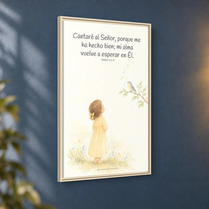 Cantaré a Jehová porque me ha hecho bien — Lienzo Cristiano Enmarcado | Salmo 13:5-6 — 24×36 pulgadas, marco natural, vista angular ambiental del marco flotante, escala física calibrada