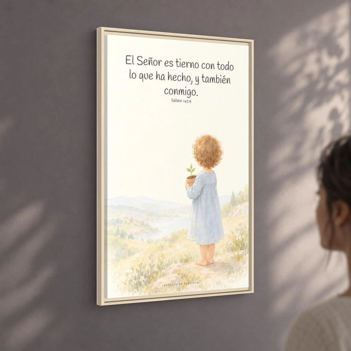 El Señor es tierno con todo lo que ha hecho | Cuadro de inspiración bíblica | Salmo 145:9 — 24×36 pulgadas, marco natural, vista angular ambiental del marco flotante, escala física calibrada