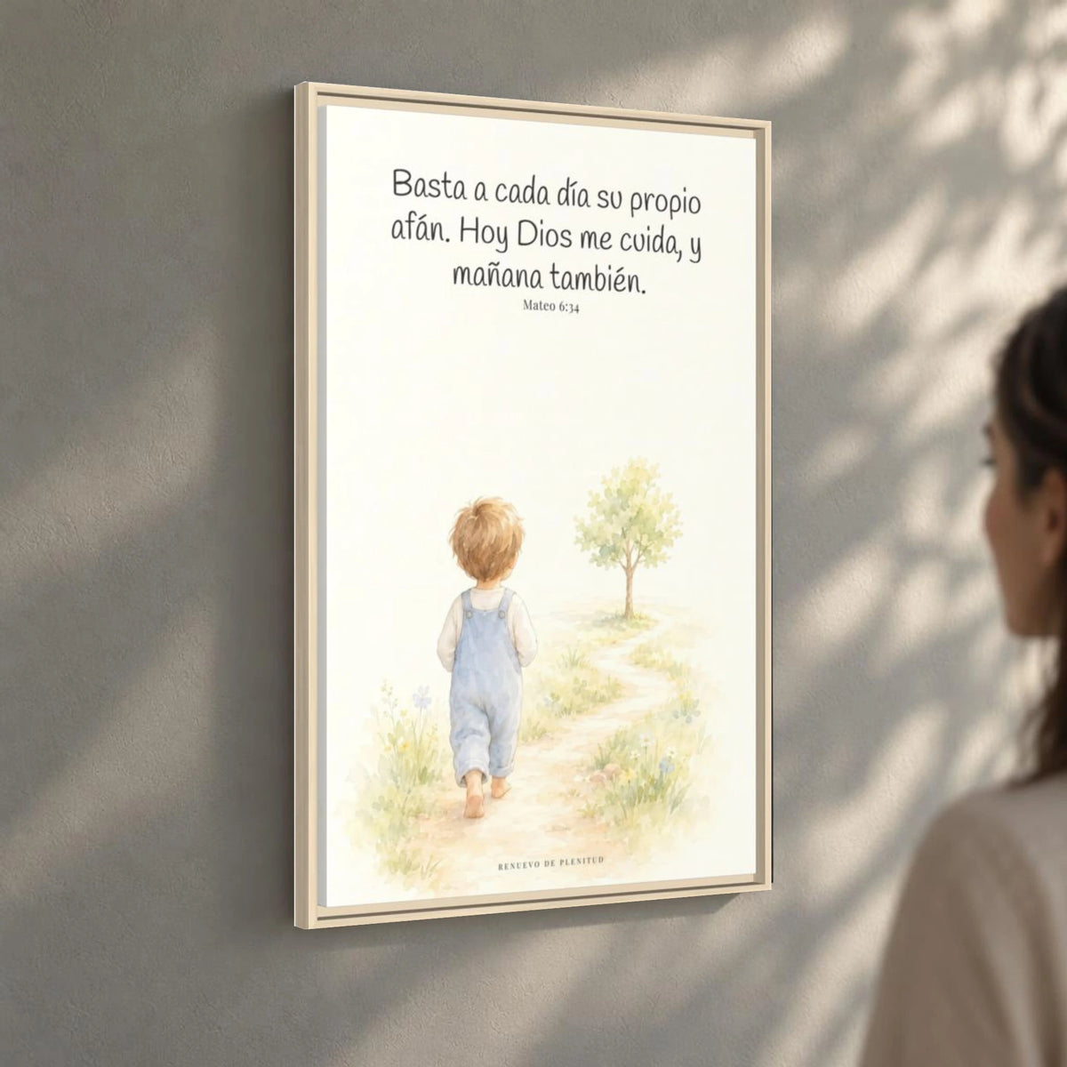 Basta a cada día su propio afán — Lienzo Cristiano Enmarcado | Mateo 6:34 — 24×36 pulgadas, marco natural, vista angular ambiental del marco flotante, escala física calibrada