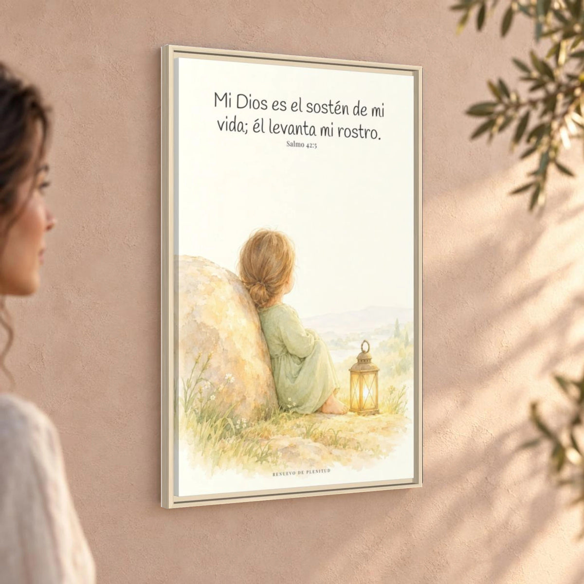 Dios es el sostén de mi vida — Lienzo Cristiano Enmarcado | Salmo 42:5 — 24×36 pulgadas, marco natural, vista angular ambiental del marco flotante, escala física calibrada