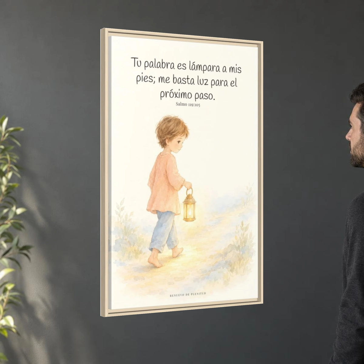 Lámpara es tu palabra a mis pies — Lienzo Cristiano Enmarcado | Salmo 119:105 — 24×36 pulgadas, marco natural, vista angular ambiental del marco flotante, escala física calibrada
