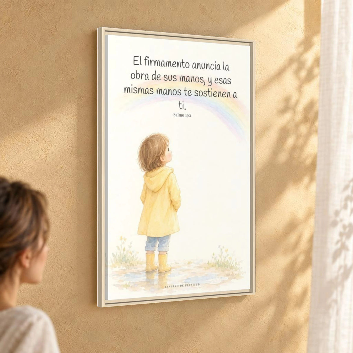 El firmamento anuncia la obra de sus manos — Lienzo Cristiano Enmarcado | Salmo 19:1 — 24×36 pulgadas, marco natural, vista angular ambiental del marco flotante, escala física calibrada