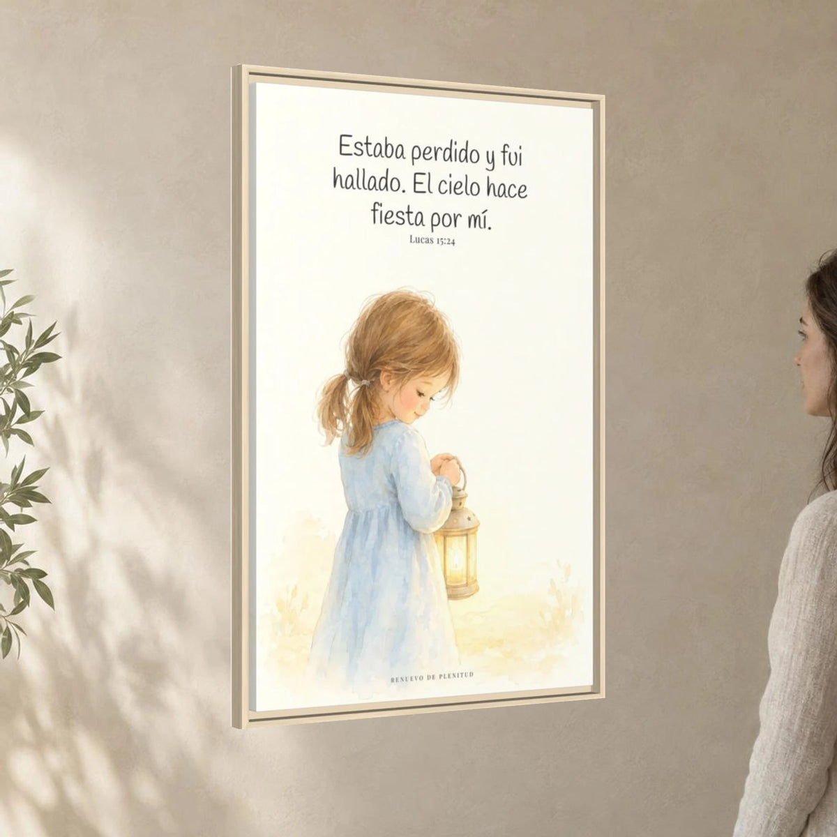 Este mi hijo perdido ha sido hallado — Lienzo Cristiano Enmarcado | Lucas 15:24 — 24×36 pulgadas, marco natural, vista angular ambiental del marco flotante, escala física calibrada
