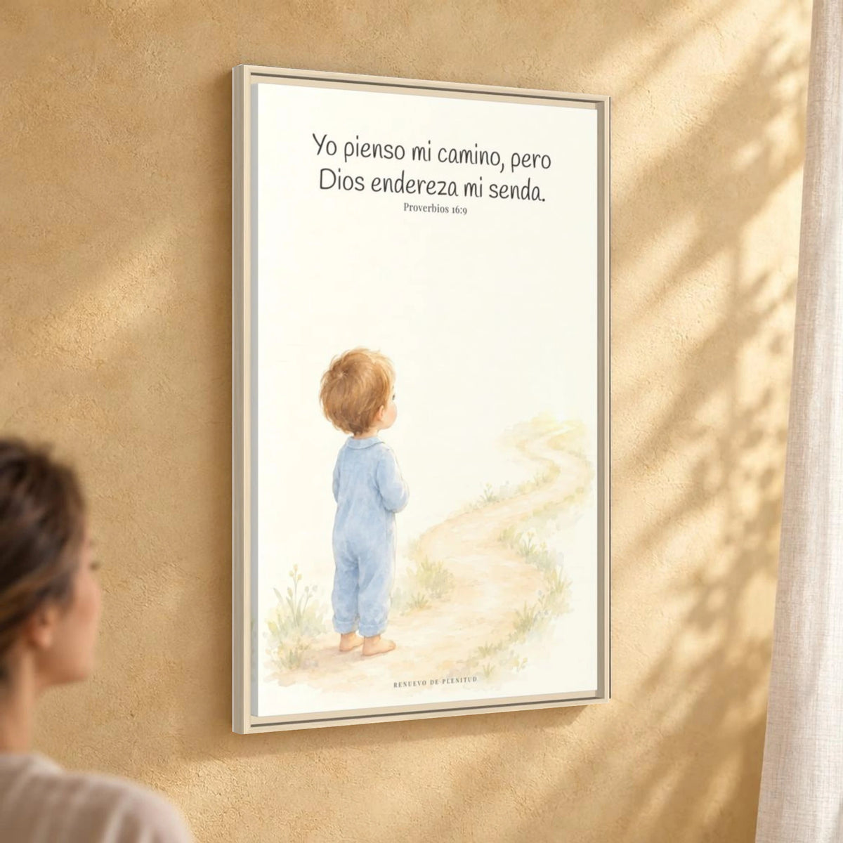 El corazón del hombre piensa, Dios endereza — Lienzo Cristiano Enmarcado | Proverbios 16:9 — 24×36 pulgadas, marco natural, vista angular ambiental del marco flotante, escala física calibrada