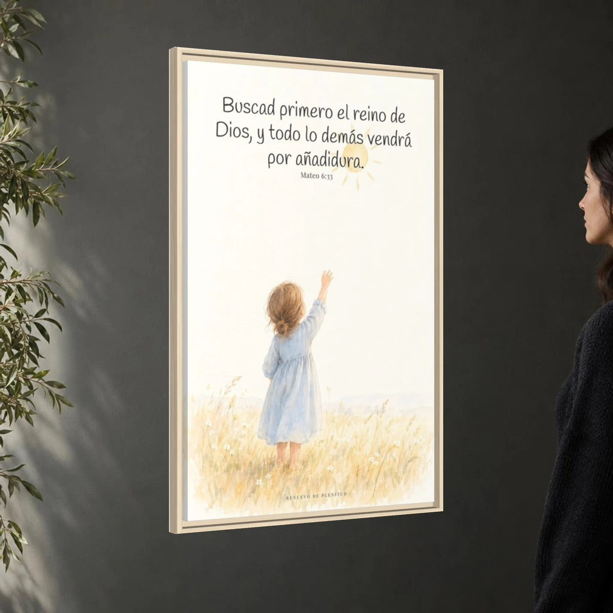 Buscad primero el reino de Dios — Lienzo Cristiano Enmarcado | Mateo 6:33 — 24×36 pulgadas, marco natural, vista angular ambiental del marco flotante, escala física calibrada